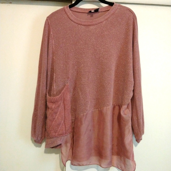 Anthropologie Belle France Mauve Oversized asymmetrical chiffon knit pocket top - Picture 2 of 7